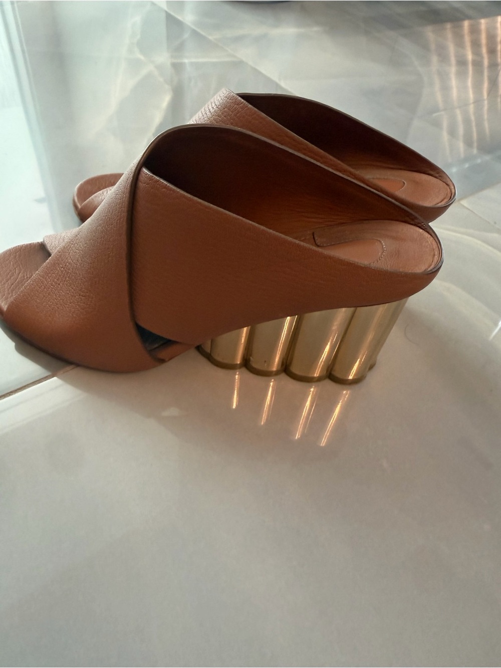 Salvatore Ferragamo Brown Leather Open-Toe Mule with Sculpted Gold Heel size 8
